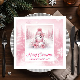 Cute Pink Snowman Watercolor Winter Scene Pinkmas  Pappersservett