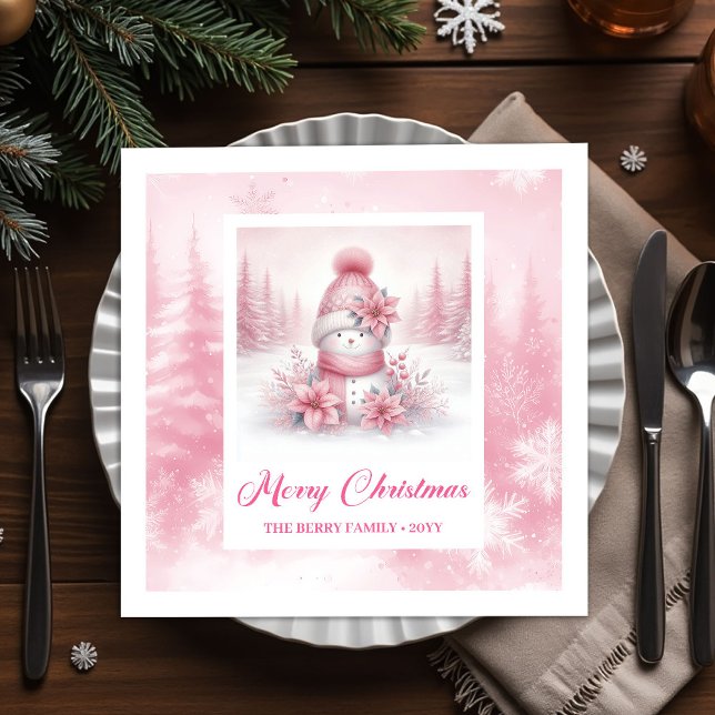 Cute Pink Snowman Watercolor Winter Scene Pinkmas  Pappersservett (Cute Pink Snowman Watercolor Winter Scene Pinkmas Christmas Napkins

)