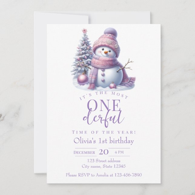 Cute Pink Snowman Winter Birthday Invitation Inbjudningar (Framsida)