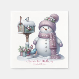 Cute Pink Snowman Winter Birthday Pappersservett