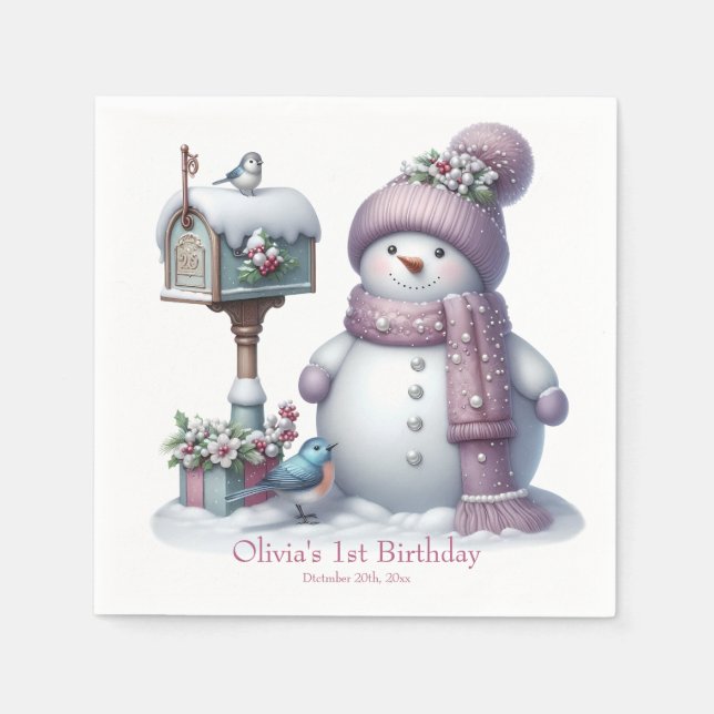 Cute Pink Snowman Winter Birthday Pappersservett (Framsidan)