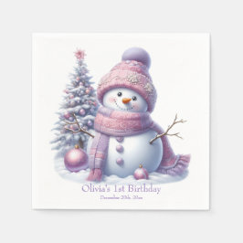 Cute Pink Snowman Winter Birthday Pappersservett