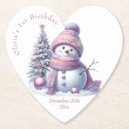 Cute Pink Snowman Winter Birthday Underlägg Papper
