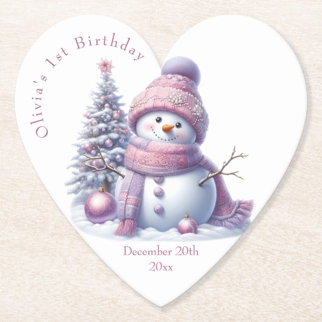Cute Pink Snowman Winter Birthday Underlägg Papper (Framsida)