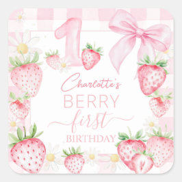 Cute Pink Strawberries Berry First 1st Birthday Fyrkantigt Klistermärke
