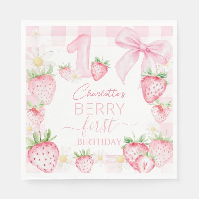 Cute Pink Strawberries Berry First 1st Birthday Pappersservett (Framsidan)