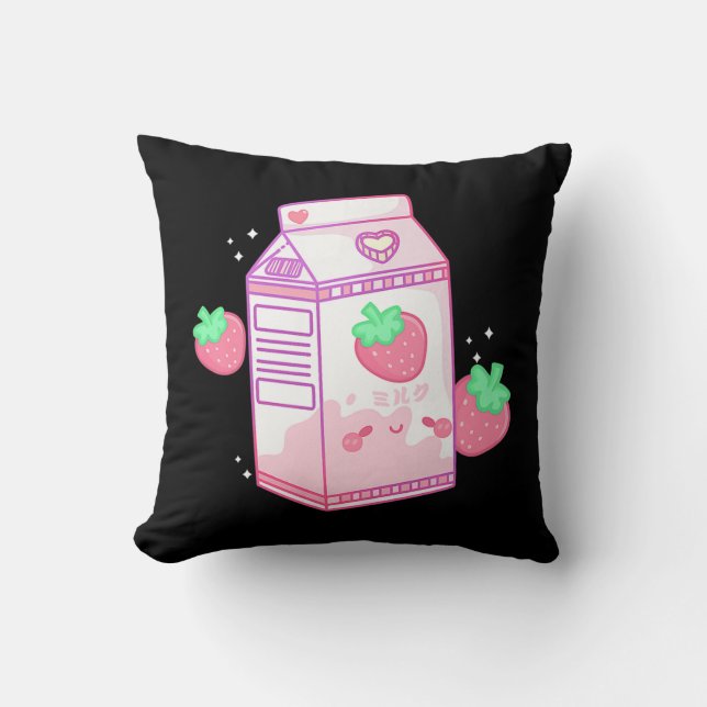 Cute Pink Strawberry Milk Japanese Kawaii Retro s  Kudde (Framsida)
