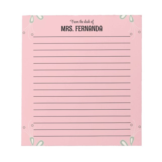 Cute Pink Teacher Lined Paper From The Desk Of  Anteckningsblock (Framsida)