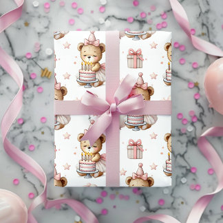 Cute Pink Teddy Bear Birthday Party Wrapping Paper Presentpapper