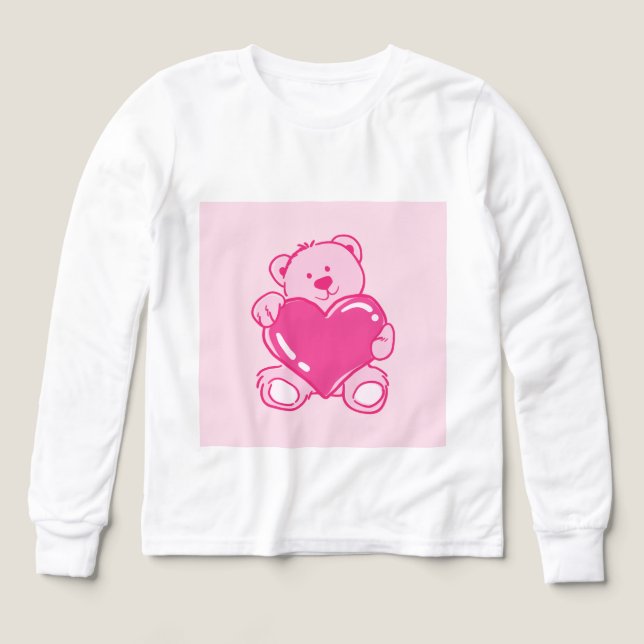 Cute Pink Teddy Bear Heart Kids Long Sleeve Shirt T Shirt (Design framsida)
