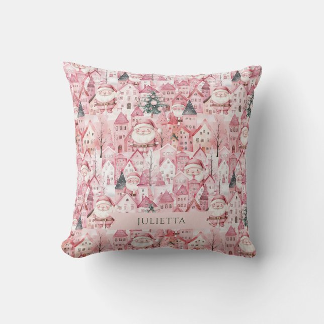 Cute Pink Town Santa Claus Christmas  Kudde (Framsida)