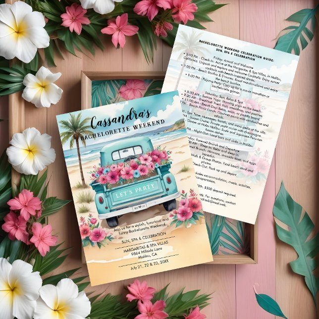 Cute Pink Turquoise Floral Van Beach Bachelorette Inbjudningar (Cute Pink & Turquoise Floral Van in Beach Bachelorette Weekend Invitations Cards and Plans.)