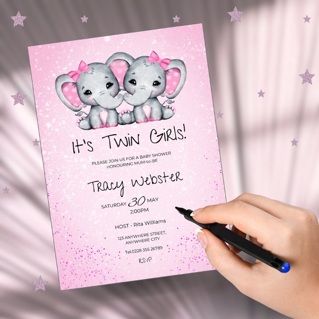 Cute, Pink Twin Baby Elephants Baby Shower  Inbjudningar (Skapare uppladdad)