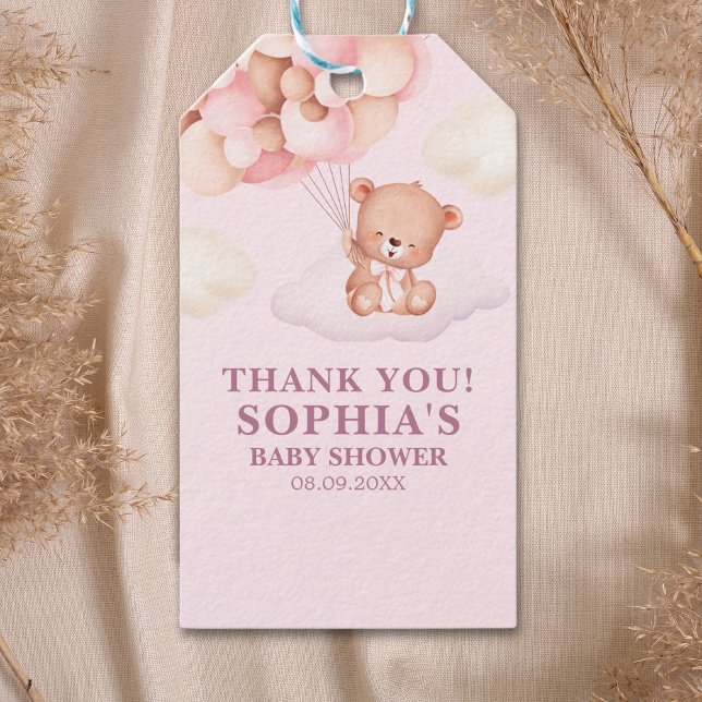 Cute Pink Watercolor Bear Baby Shower Girl Presentetikett (Skapare uppladdad)