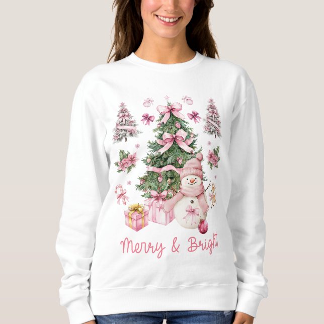 Cute Pink Watercolor Merry And Bright Christmas T Shirt (Framsida)