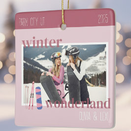 Cute Pink Winter Ski Theme Keepsake Photo  Julgransprydnad Keramik