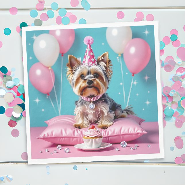 Cute Pink Yorkie Birthday Pappersservett (Skapare uppladdad)