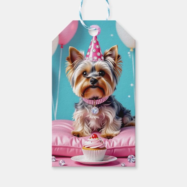 Cute Pink Yorkie Birthday To and From Presentetikett (Framsidan)