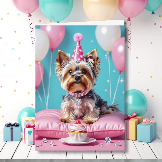 Cute Pink Yorkie Niece's Birthday Kort (Skapare uppladdad)
