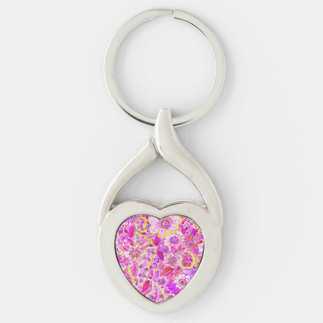 Cute Pinky abstrakt blommor Twisted Heart Silverfärgad Nyckelring (Framsidan)