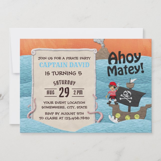 Cute Pirat Äventyr Ahoy Matey Boy Birthday Inbjudningar (Framsida)