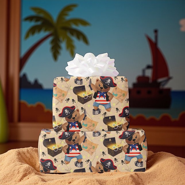 Cute Pirat Bear Treasure Karta Presentpapper (Cute pirate bear gift wrap with maps and treasure chests, perfect for kids’ pirate party presents.)