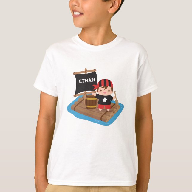 Cute Pirat Boy med Bandana, Raft Boat Kids T Shirt (Framsida)