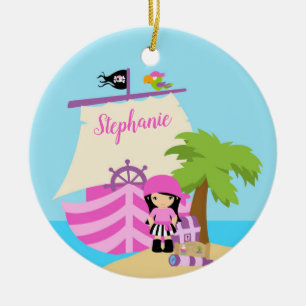 Cute Pirat Brunette Girl & A Big Frakt Custom Name Julgransprydnad Keramik