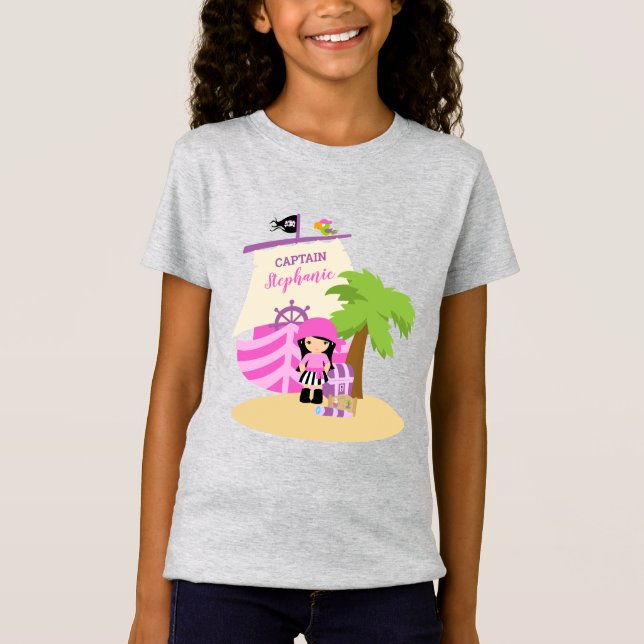 Cute Pirat Brunette Girl & A Big Frakt Custom Name T Shirt (Framsida)