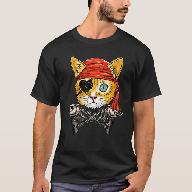 Cute Pirat Cat Ansikte Jolly Roger Flagga Hallowee T Shirt (Framsida)