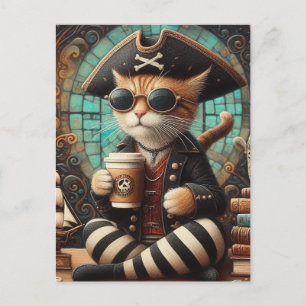 Cute Pirat Cat med kaffe Vykort