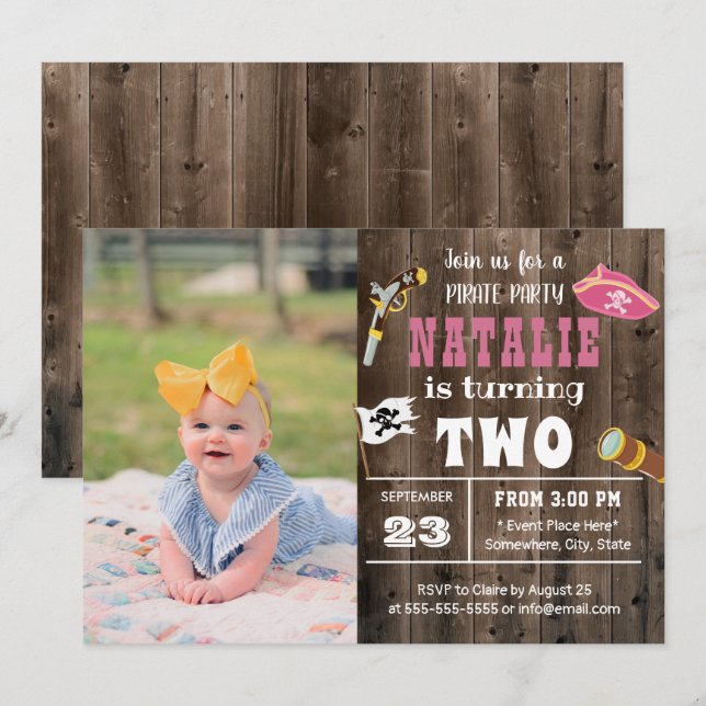 Cute Pirat Girl Anpassningsbar Photo 2nd Birthday Inbjudningar (Fram/baksida)