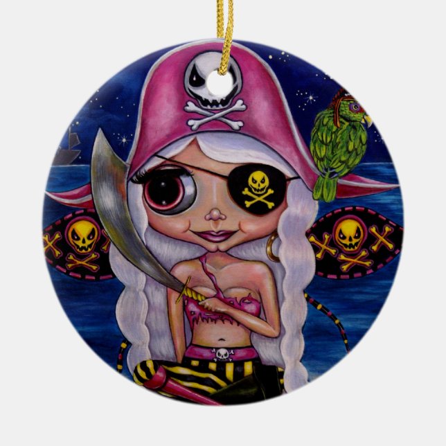 Cute Pirat Girl Fairy with Parrot Skull Öga Patch Julgransprydnad Keramik (Framsidan)