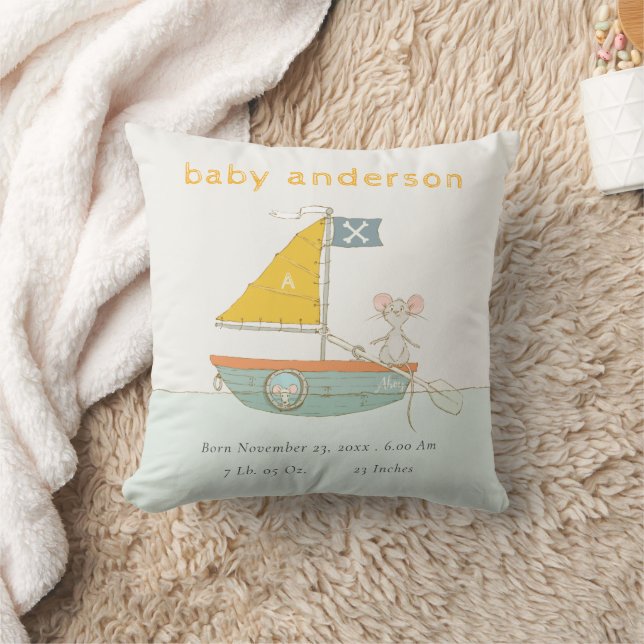 Cute Pirat Mouse Sailboat Kids Monogram Baby Stat Kudde (Filt)