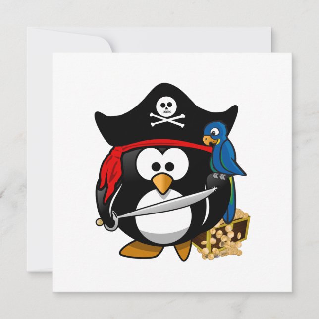 Cute Pirat Penguin med Treasure Chest Inbjudningar (Framsida)