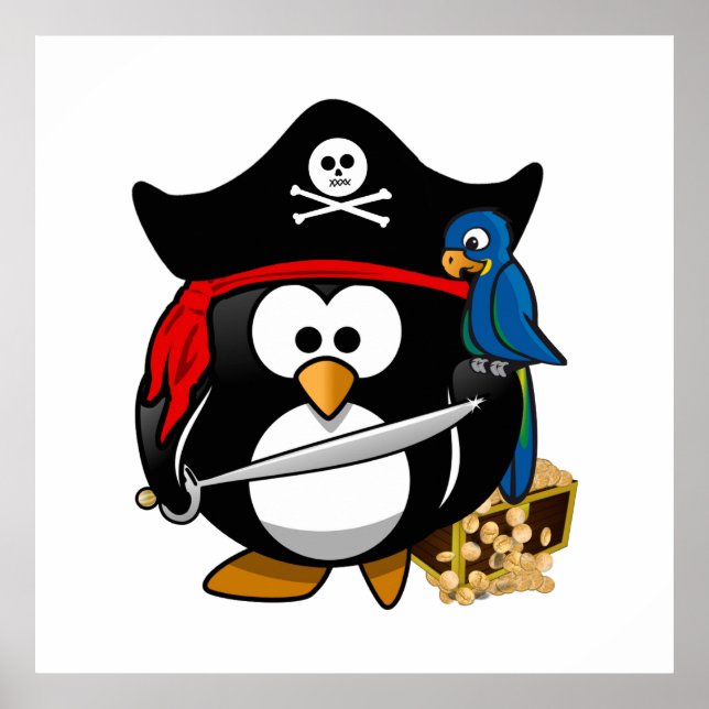 Cute Pirat Penguin med Treasure Chest Poster (Framsidan)