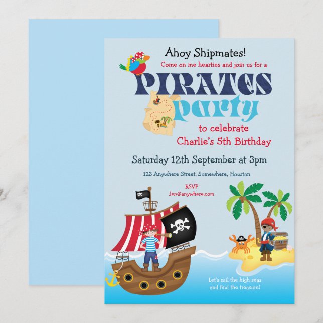 Cute Pirat Shipmates Boys Födelsedagsfest Inbjudningar (Fram/baksida)