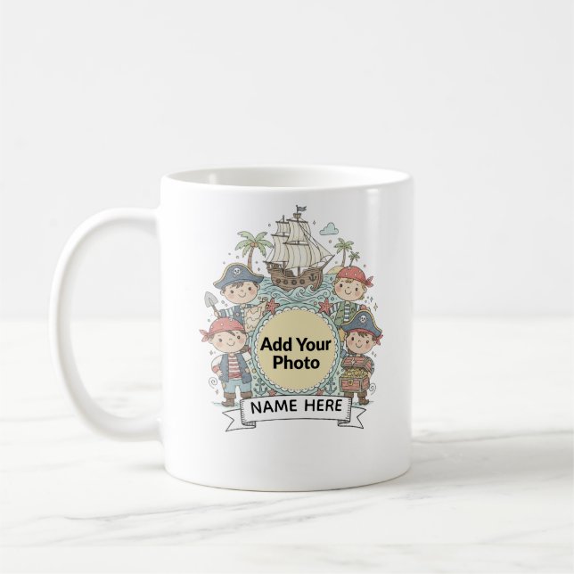Cute Pirate Adventure Custom Photo  Name Kids Mug Kaffemugg (Vänster)