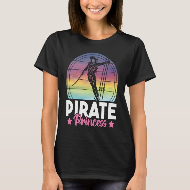 Cute Pirate Princess Girls Retro Sunset Ship Pirat T Shirt (Framsida)