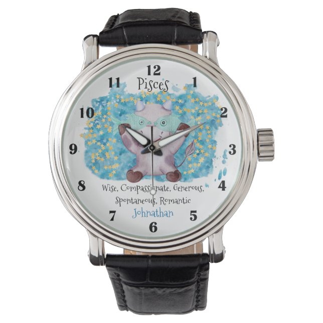 Cute Pisces Fish Watercolor Bull Zodiac Anpassning Armbandsur (Framsida)
