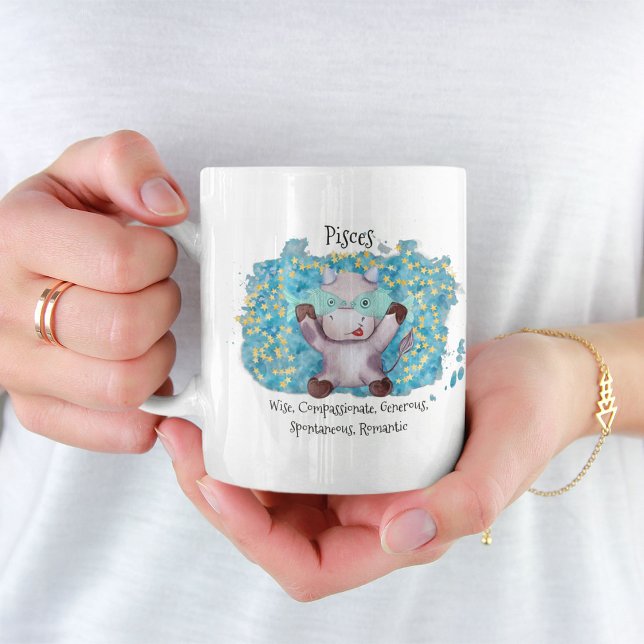 Cute Pisces Fish Watercolor Bull Zodiac Monogram Kaffemugg (Skapare uppladdad)