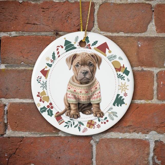 Cute Pit Bull Terrier in Winter Sweater jul Julgransprydnad Keramik (Skapare uppladdad)