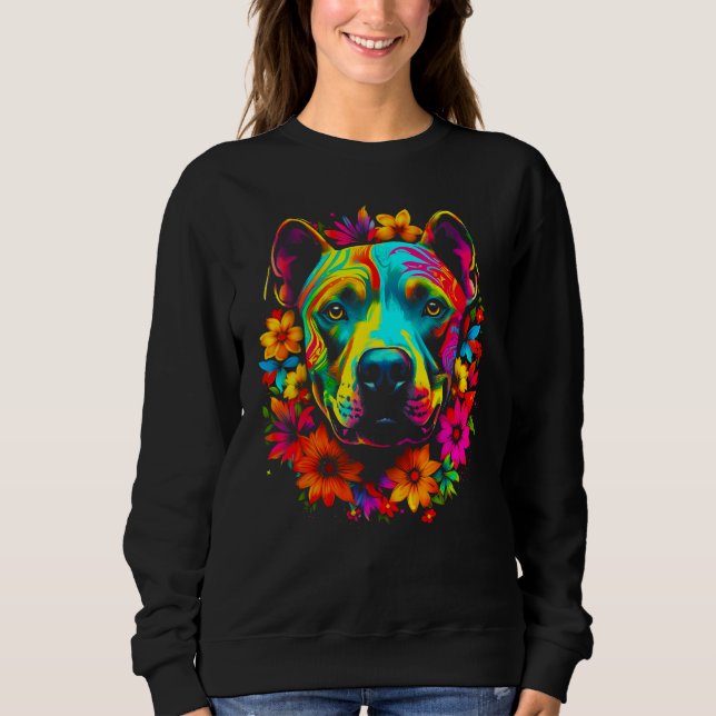 Cute Pitbull Dog Flowers T Shirt (Framsida)