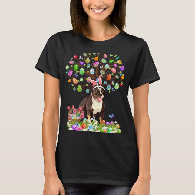 Cute Pitbull Dogs With Bunny Ears Easter Egg Tree  T Shirt (Framsida)