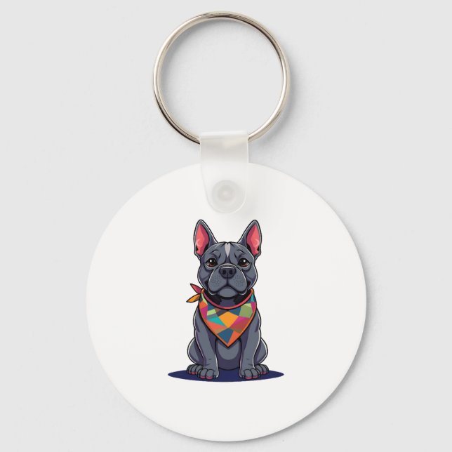 Cute Pitbull Frenchie Hund med Bandana Art Nyckelring (Framsida)