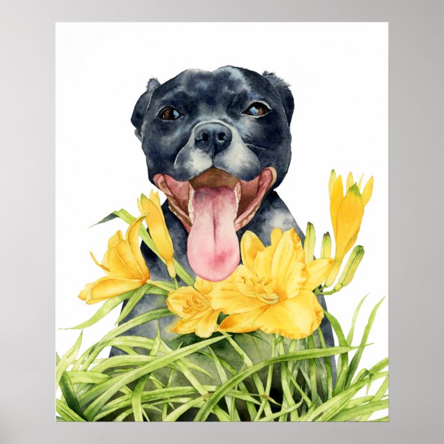Cute Pitbull-Hund i Blomsterträdgården Gult Poster (Framsidan)