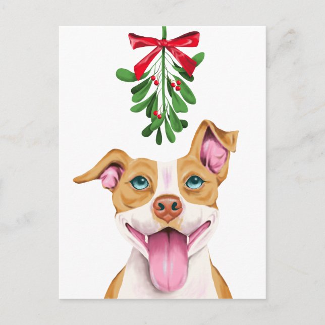 Cute Pitbull Hund och Mistletoe-jul Helg Vykort (Framsida)