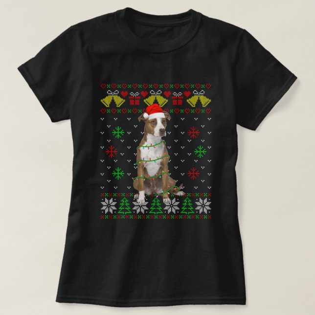 Cute Pitbull Hund Santa Hat Ugly Sweater xmass Lig T Shirt (Design framsida)