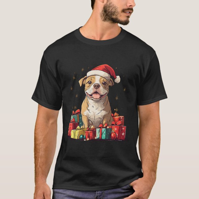Cute Pitbull Santa Hat Funny jul Pittie Julafton T Shirt (Framsida)