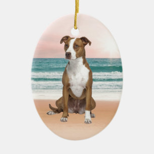 Cute Pitbull Sitta på persikor med solnedgång Julgransprydnad Keramik